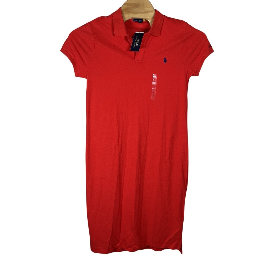 NEW Polo Ralph Lauren Pique Cotton Polo Midi T Shirt Dress Womens Large Red
